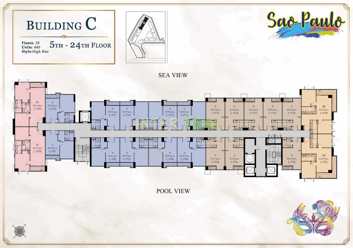 Seven Seas Le Carnival Pattaya - корпус C Sao Paolo - поэтажные планы (28 этажей)-505-4