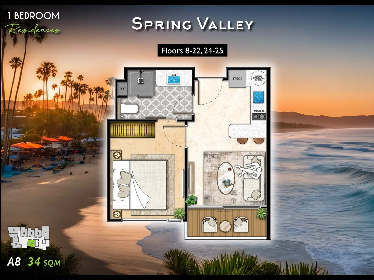 Riviera California Condo Pattaya - 1 bedroom apartment floor plan-984-1