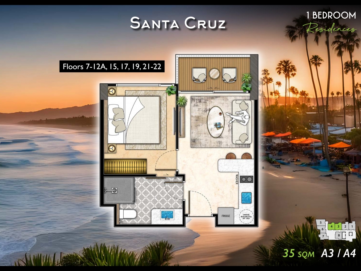 Riviera California Condo Pattaya - 1 bedroom apartment floor plan-984-2