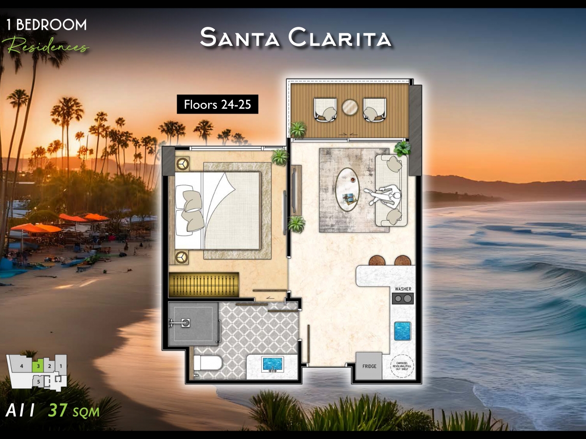 Riviera California Condo Pattaya - 1 bedroom apartment floor plan-984-3