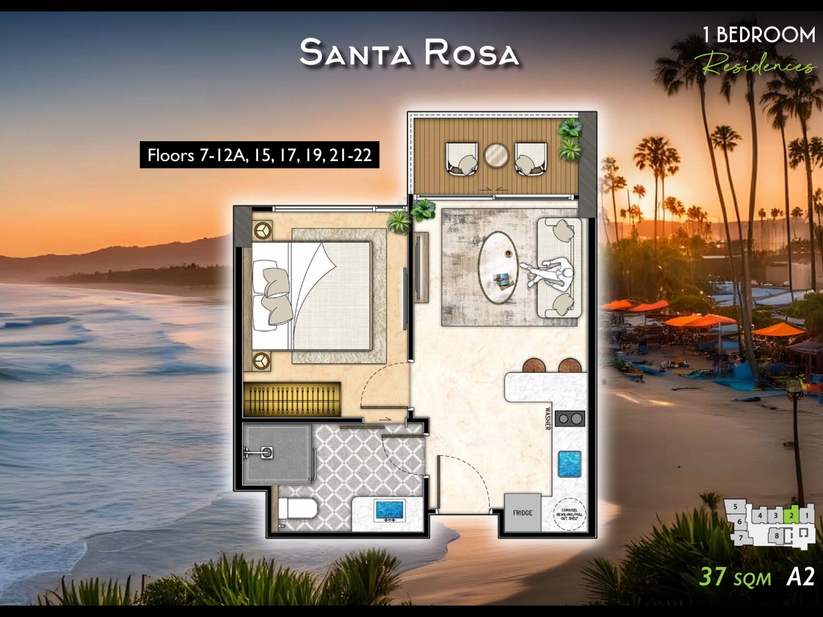 Riviera California Condo Pattaya - 1 bedroom apartment floor plan-984-4