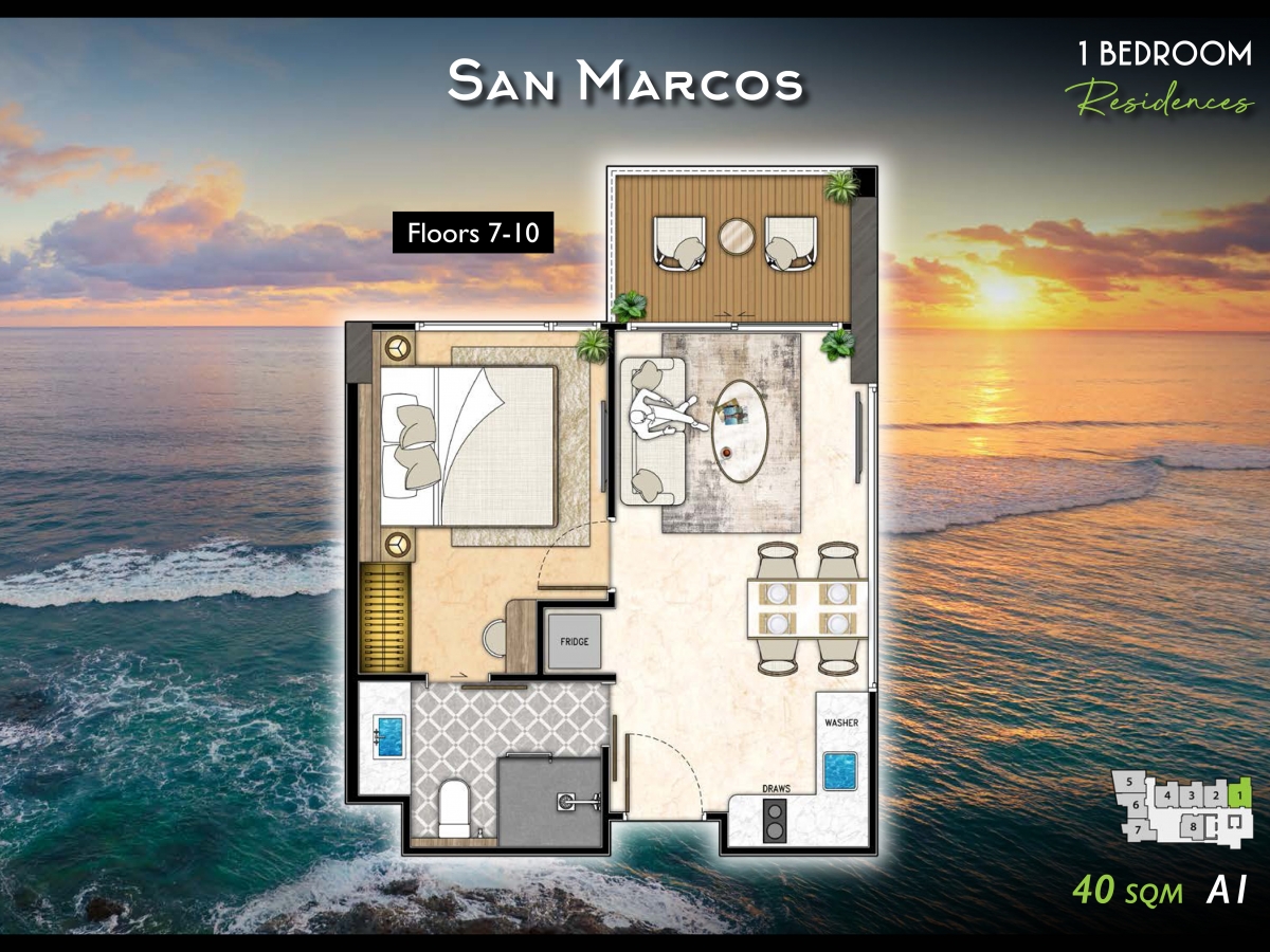 Riviera California Condo Pattaya - 1 bedroom apartment floor plan-984-9