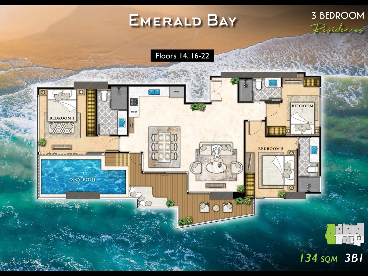 Riviera California Condo Pattaya - 3 bedroom apartment floor plan-986-1