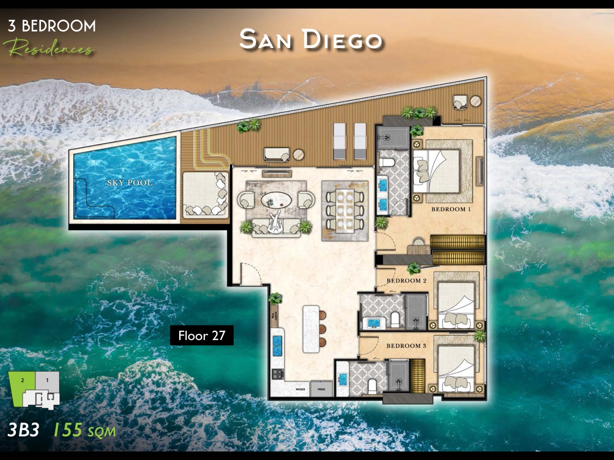 Riviera California Condo Pattaya - 3 bedroom apartment floor plan-986-2