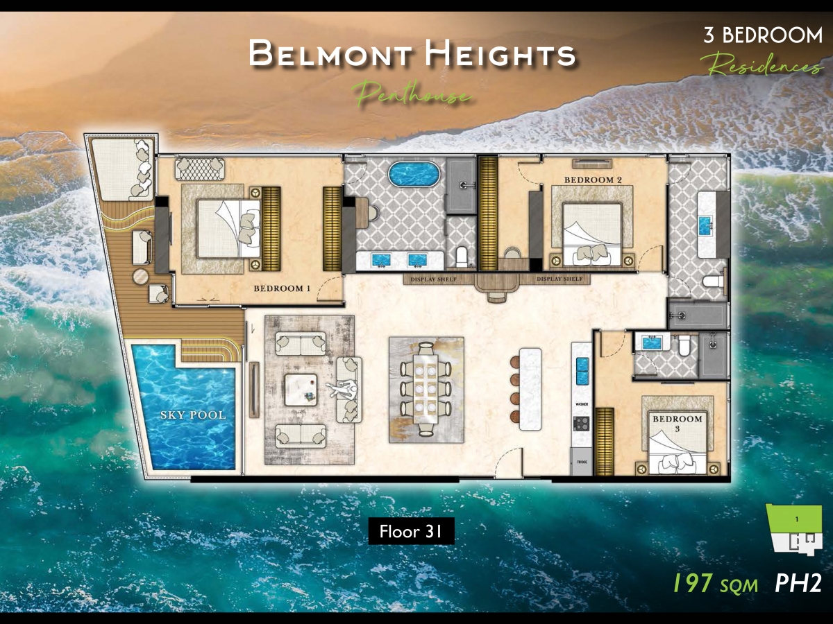 Riviera California Condo Pattaya - 3 bedroom apartment floor plan-986-4