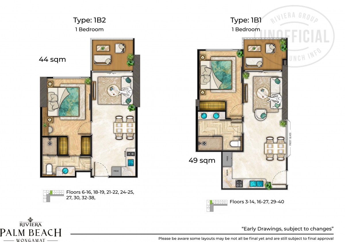 Riviera Palm Beach Wongamat Condo Pattaya - 1 bedroom apartment plans-1074-1