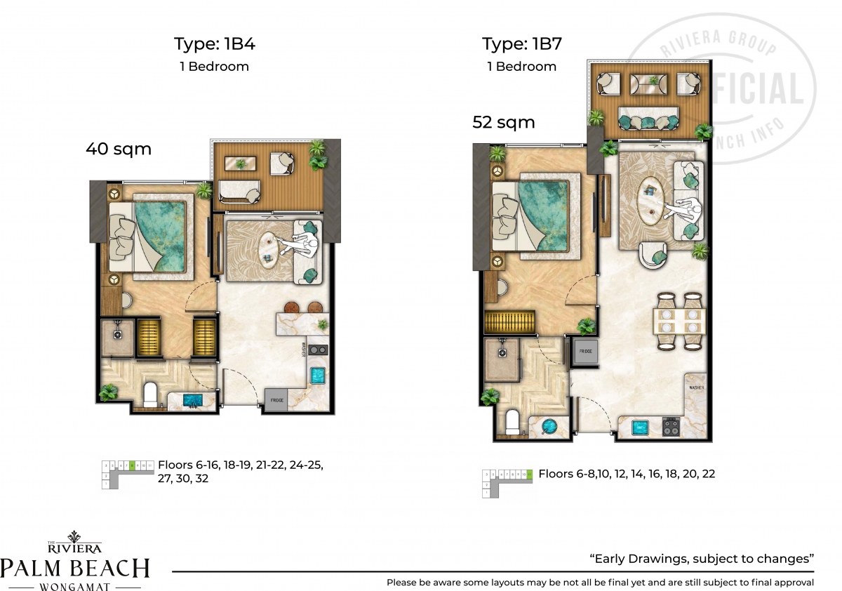 Riviera Palm Beach Wongamat Condo Pattaya - 1 bedroom apartment plans-1074-2