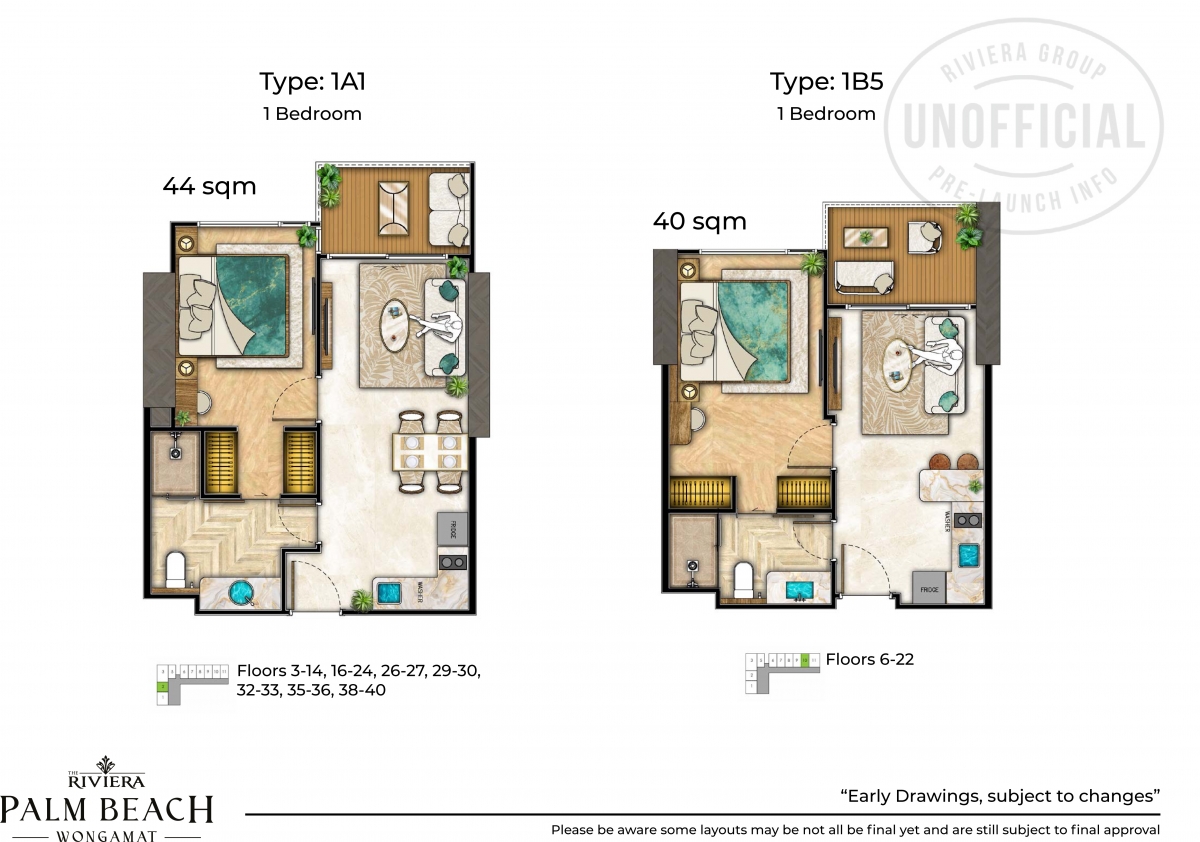 Riviera Palm Beach Wongamat Condo Pattaya - 1 bedroom apartment plans-1074-3