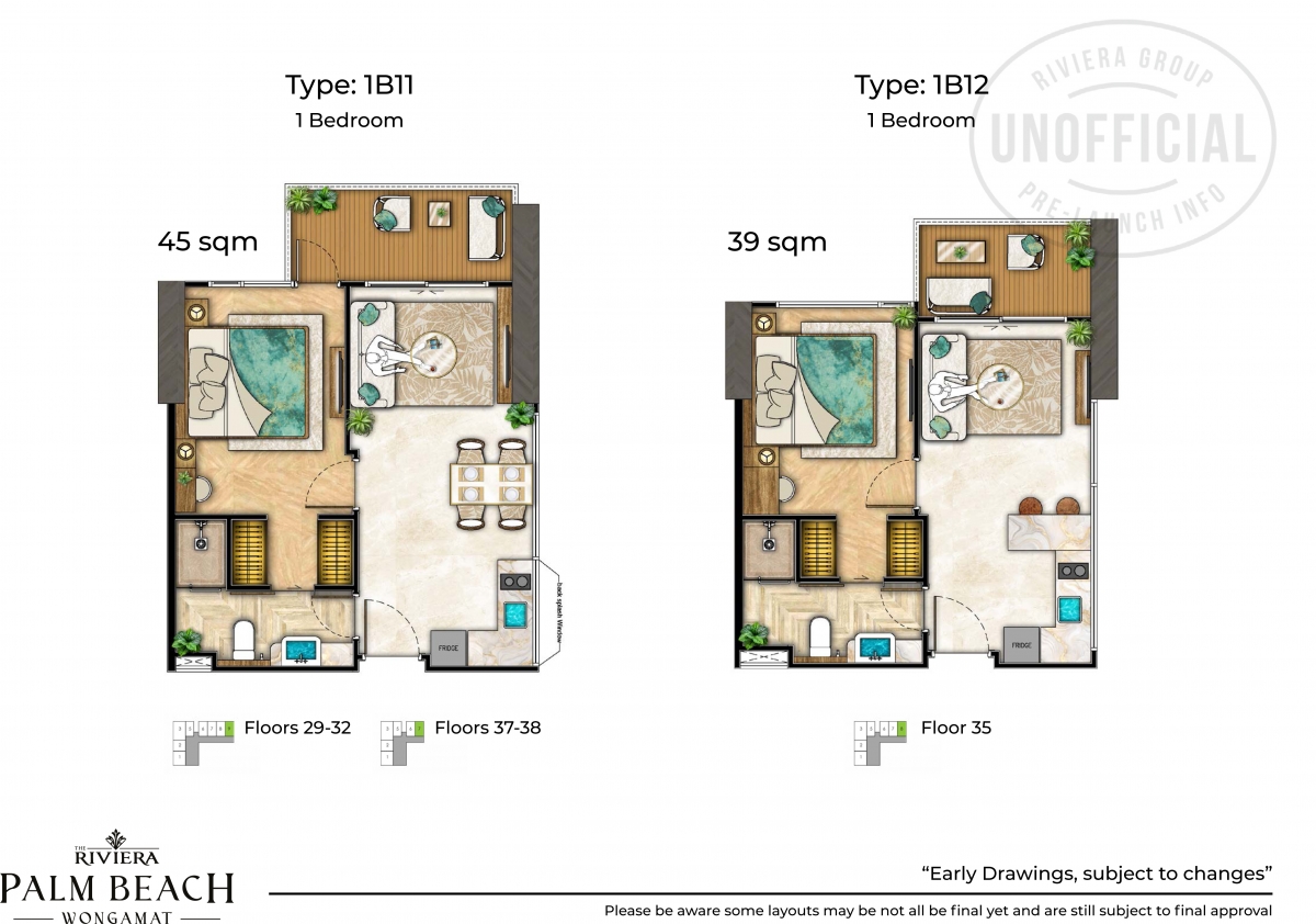 Riviera Palm Beach Wongamat Condo Pattaya - 1 bedroom apartment plans-1074-5