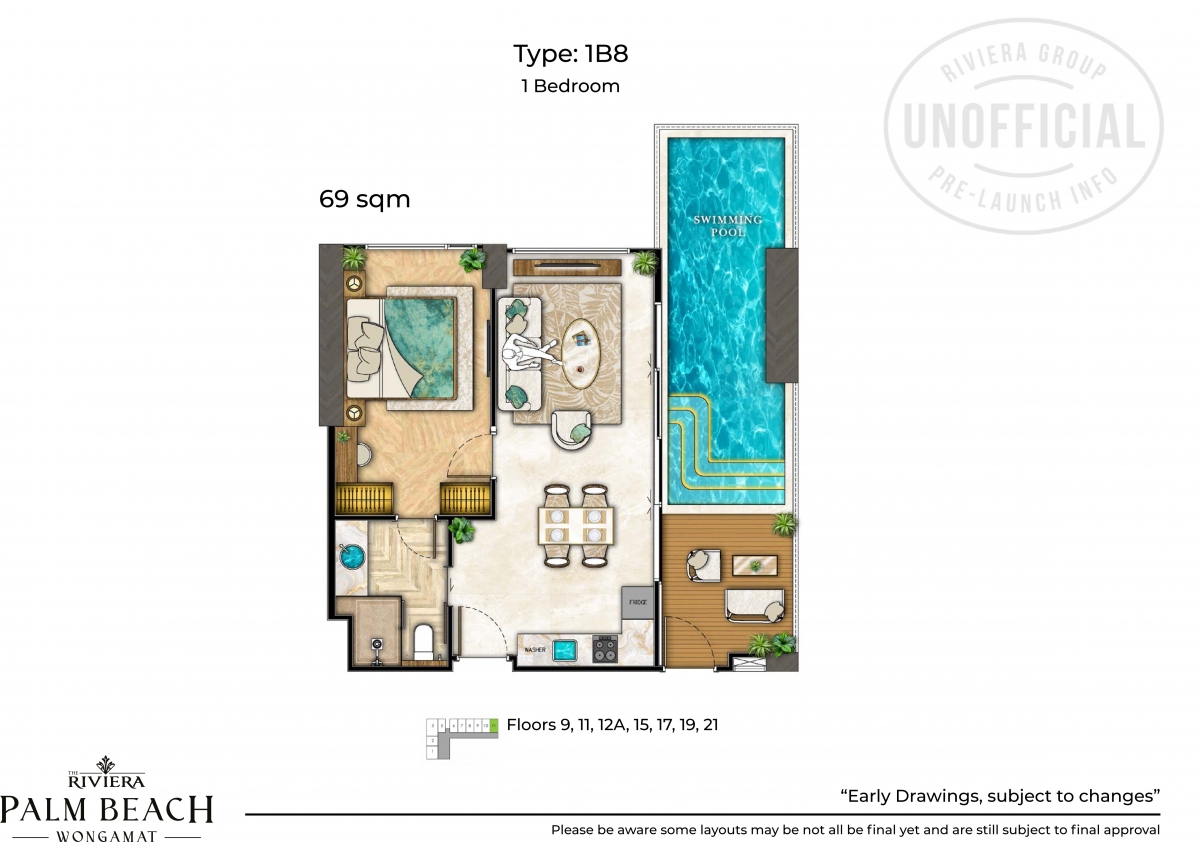 Riviera Palm Beach Wongamat Condo Pattaya - 1 bedroom apartment plans-1074-6