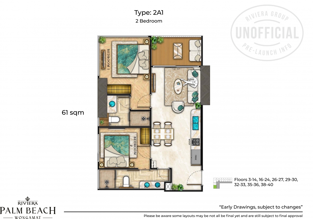 Riviera Palm Beach Wongamat Condo Pattaya - 2 bedroom apartment plans-1075-1