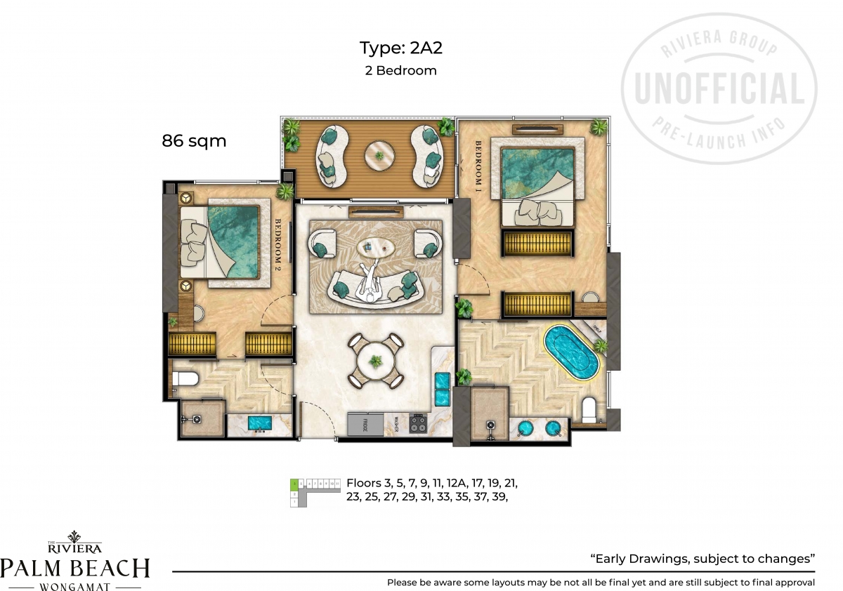 Riviera Palm Beach Wongamat Condo Pattaya - 2 bedroom apartment plans-1075-2