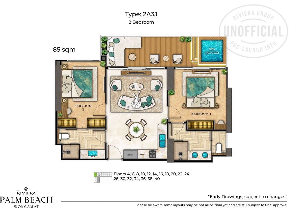 Riviera Palm Beach Wongamat Condo Pattaya - 2 bedroom apartment plans-1075-3