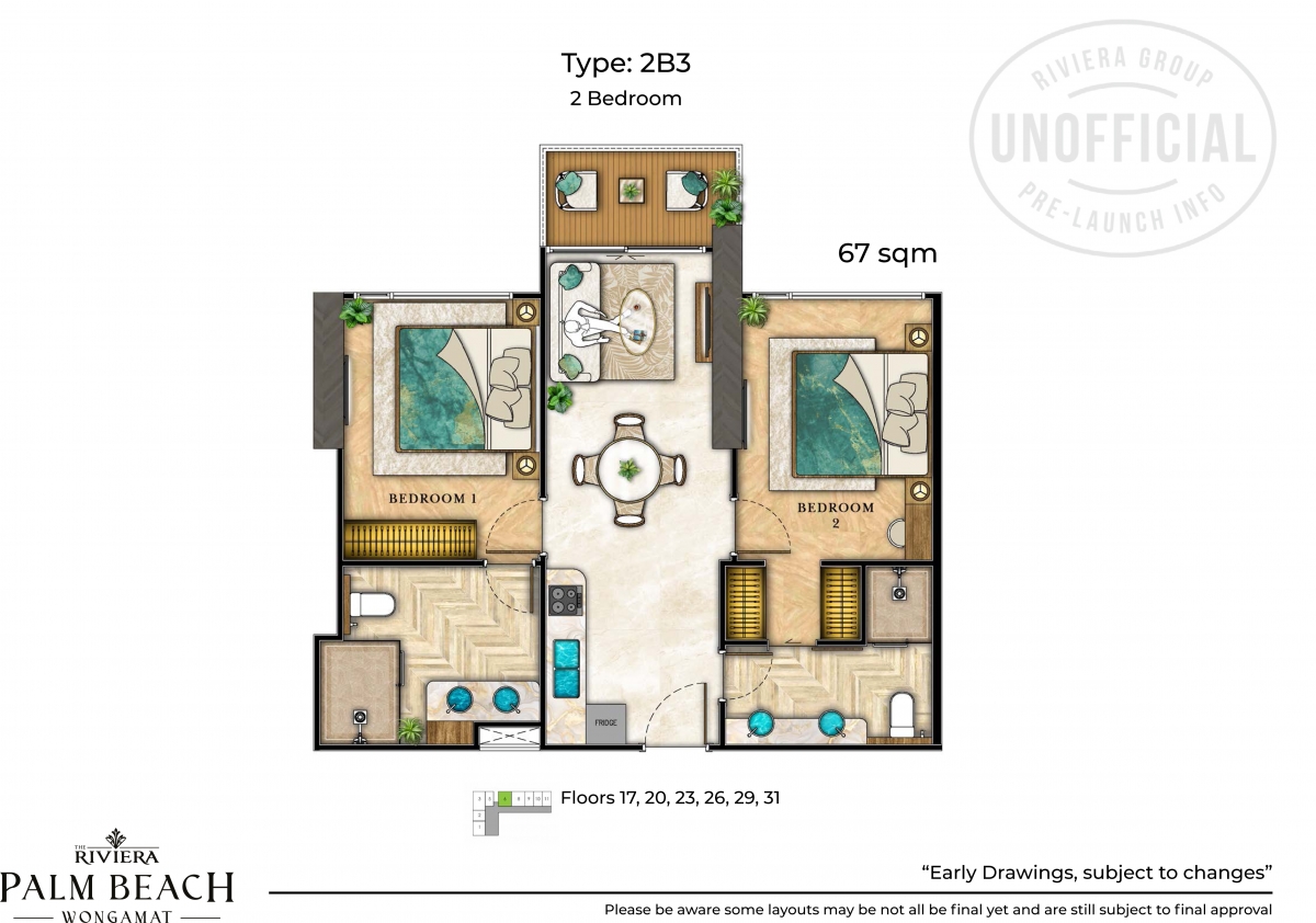 Riviera Palm Beach Wongamat Condo Pattaya - 2 bedroom apartment plans-1075-4
