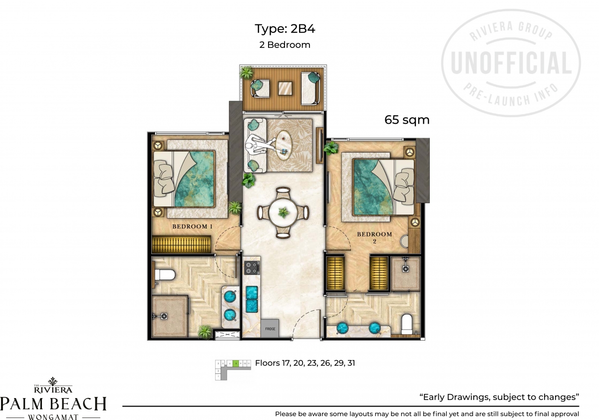 Riviera Palm Beach Wongamat Condo Pattaya - 2 bedroom apartment plans-1075-5