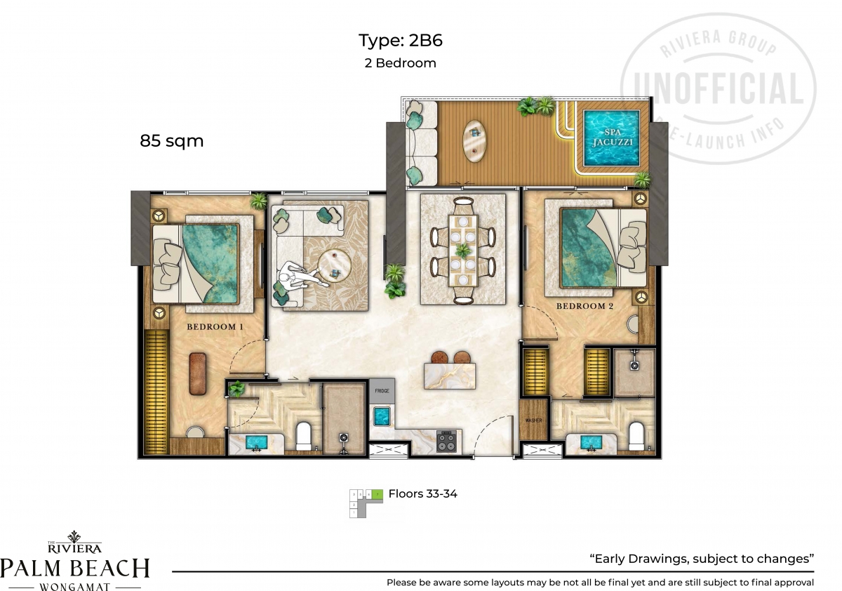 Riviera Palm Beach Wongamat Condo Pattaya - 2 bedroom apartment plans-1075-6