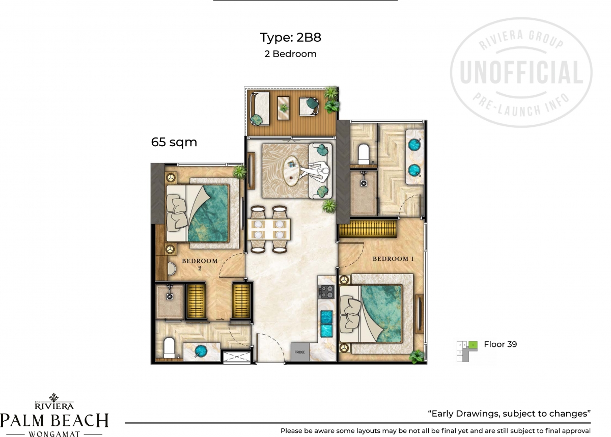 Riviera Palm Beach Wongamat Condo Pattaya - квартиры с 2 спальнями планировки-1075-7