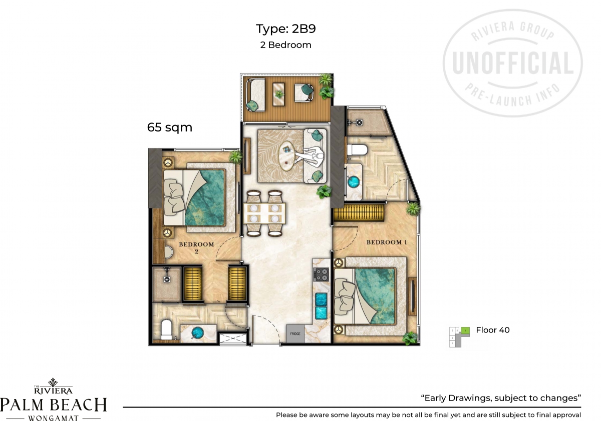 Riviera Palm Beach Wongamat Condo Pattaya - 2 bedroom apartment plans-1075-8