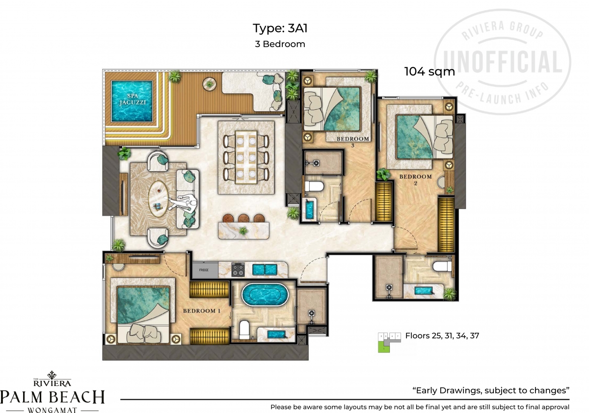 Riviera Palm Beach Wongamat Condo Pattaya - 3 bedroom apartment plans-1076-1