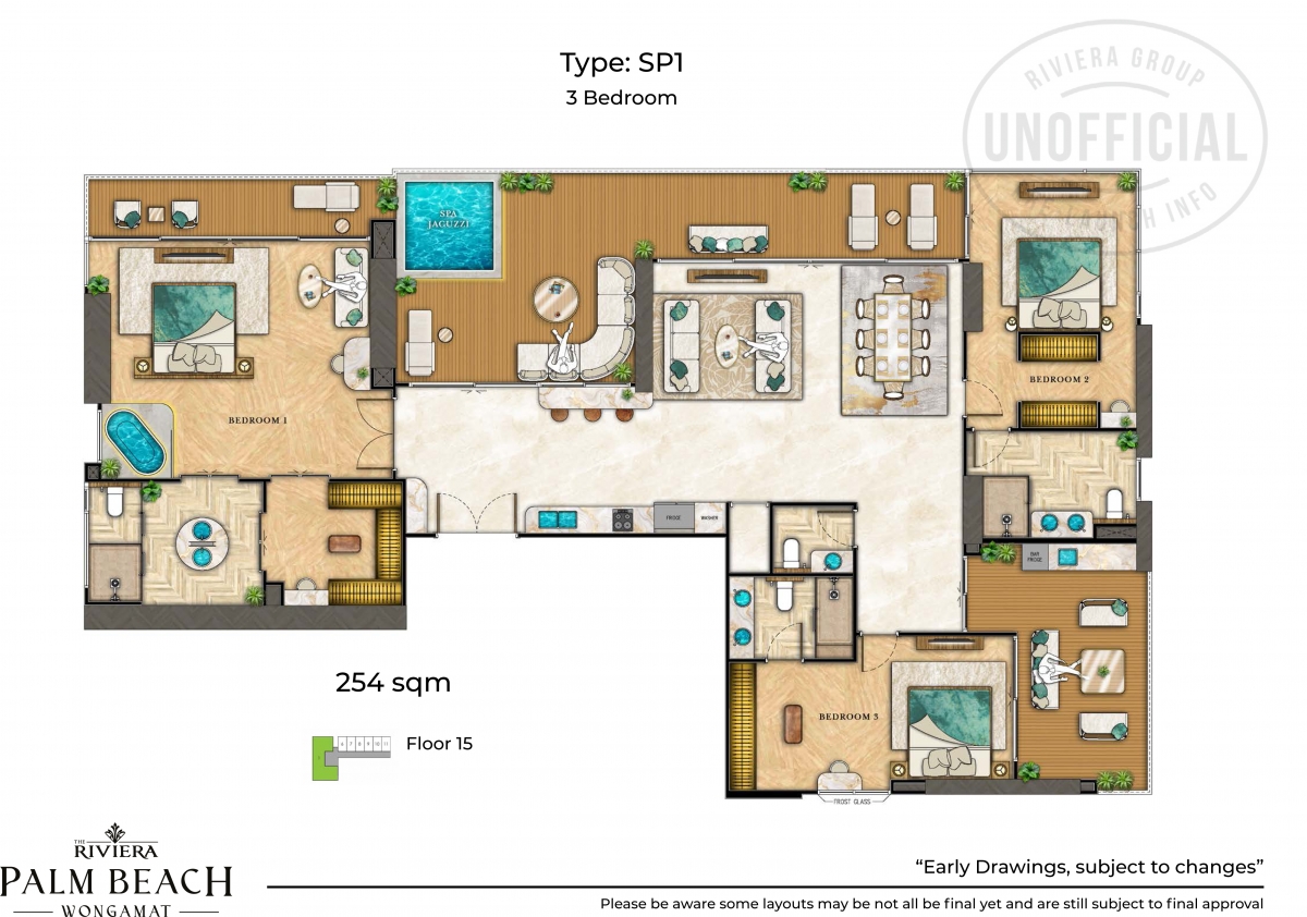 Riviera Palm Beach Wongamat Condo Pattaya - 3 bedroom apartment plans-1076-2
